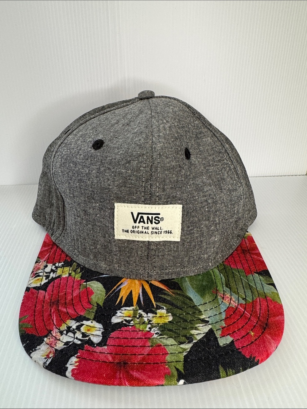 Vans Gray Snapback with Red & Green Floral Brim